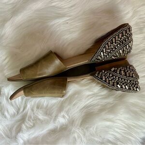 LATIGO | Olive Green Beaded Heel, Peep-Toe Flats